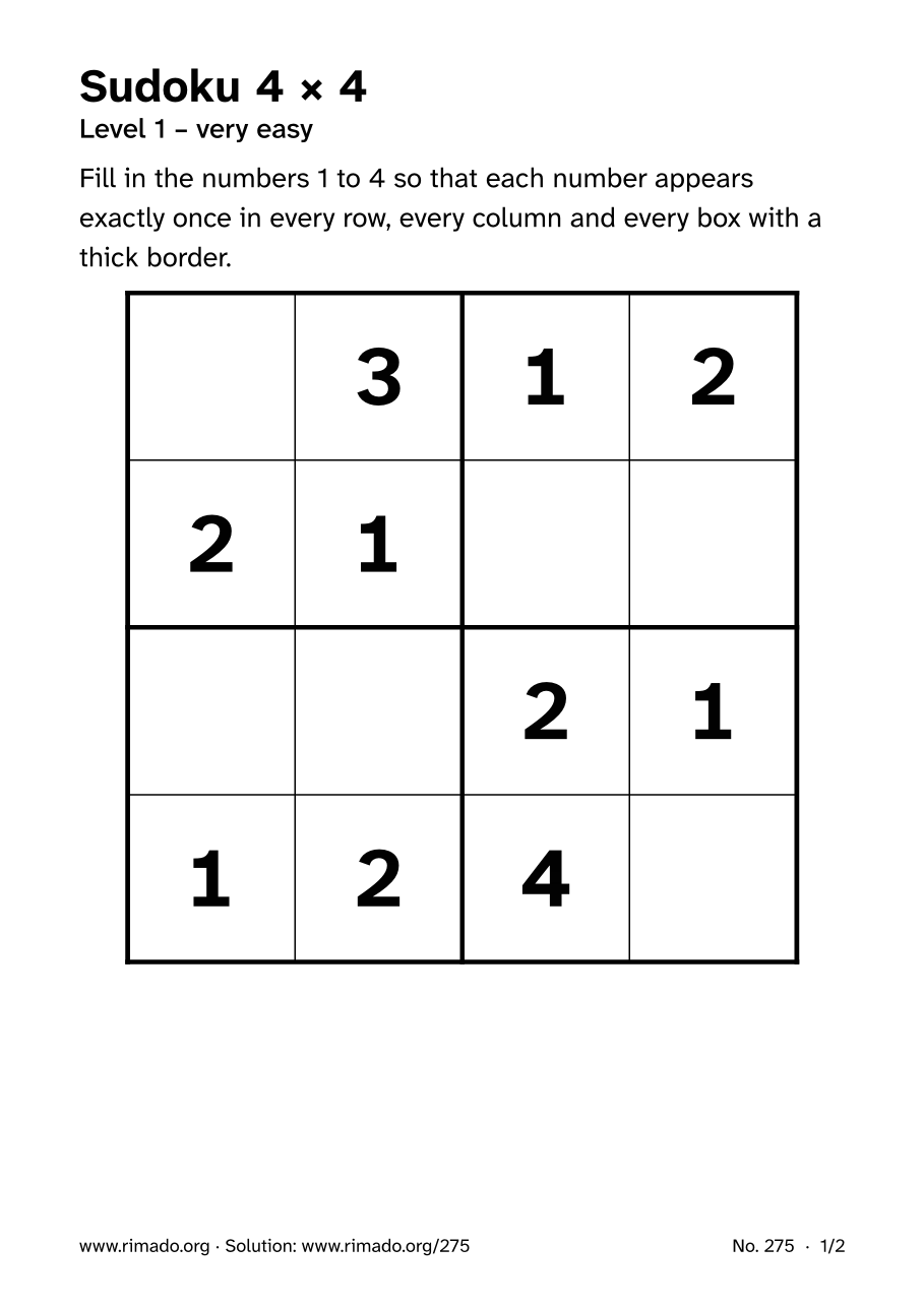 Preview of the printed page: Sudoku 4 × 4, no. 275