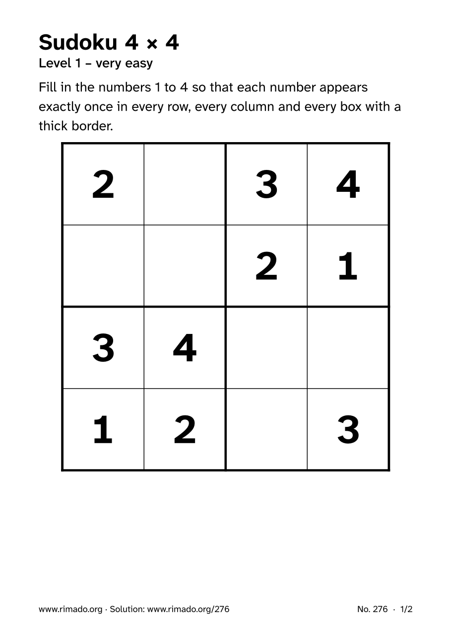 Preview of the printed page: Sudoku 4 × 4, no. 276