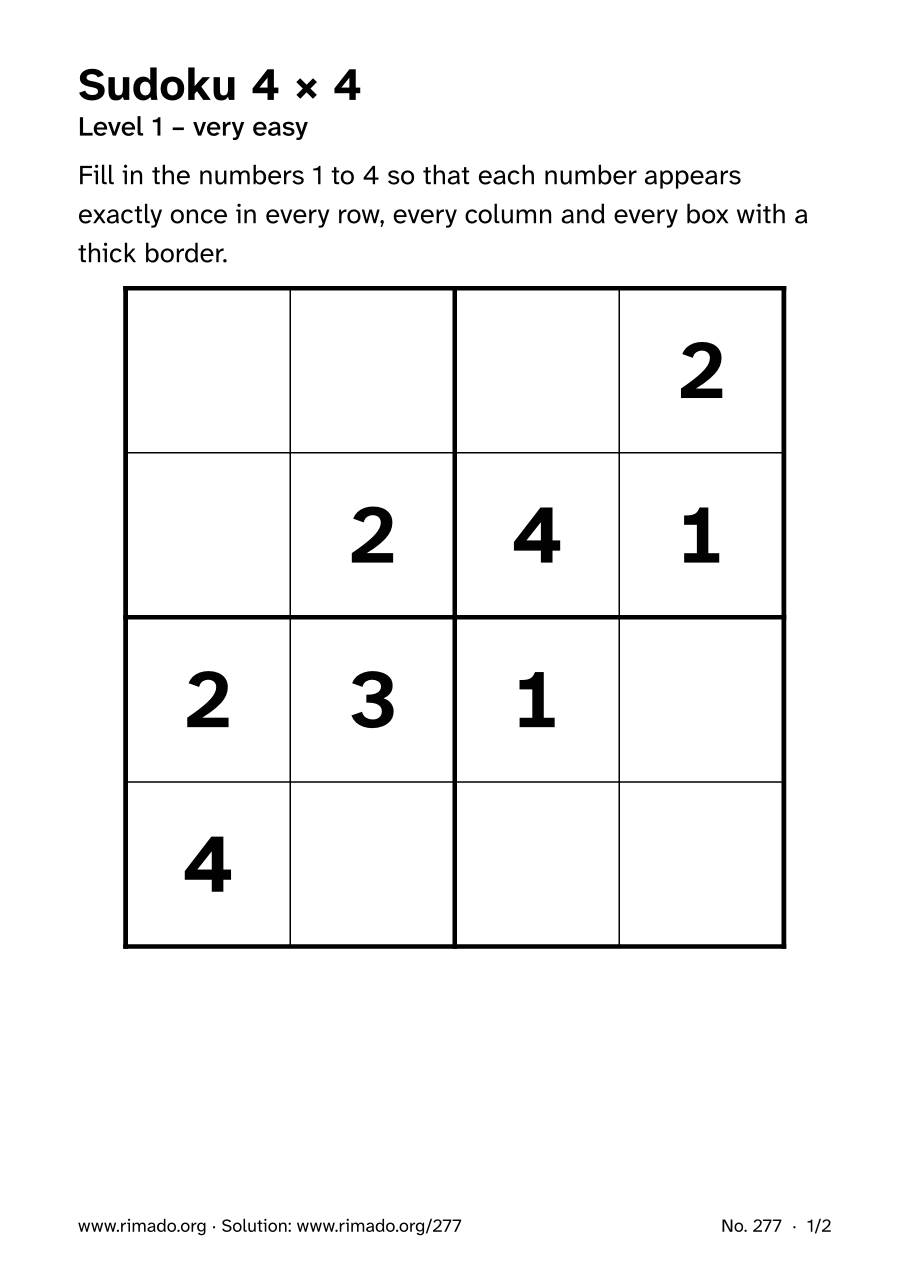 Preview of the printed page: Sudoku 4 × 4, no. 277