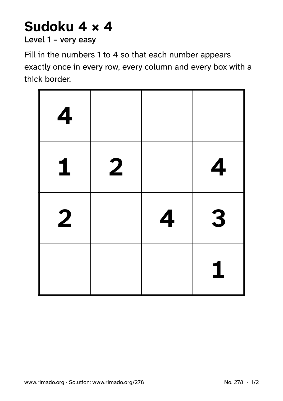Preview of the printed page: Sudoku 4 × 4, no. 278