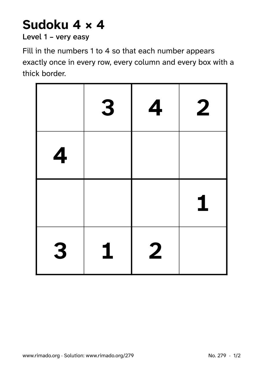 Preview of the printed page: Sudoku 4 × 4, no. 279