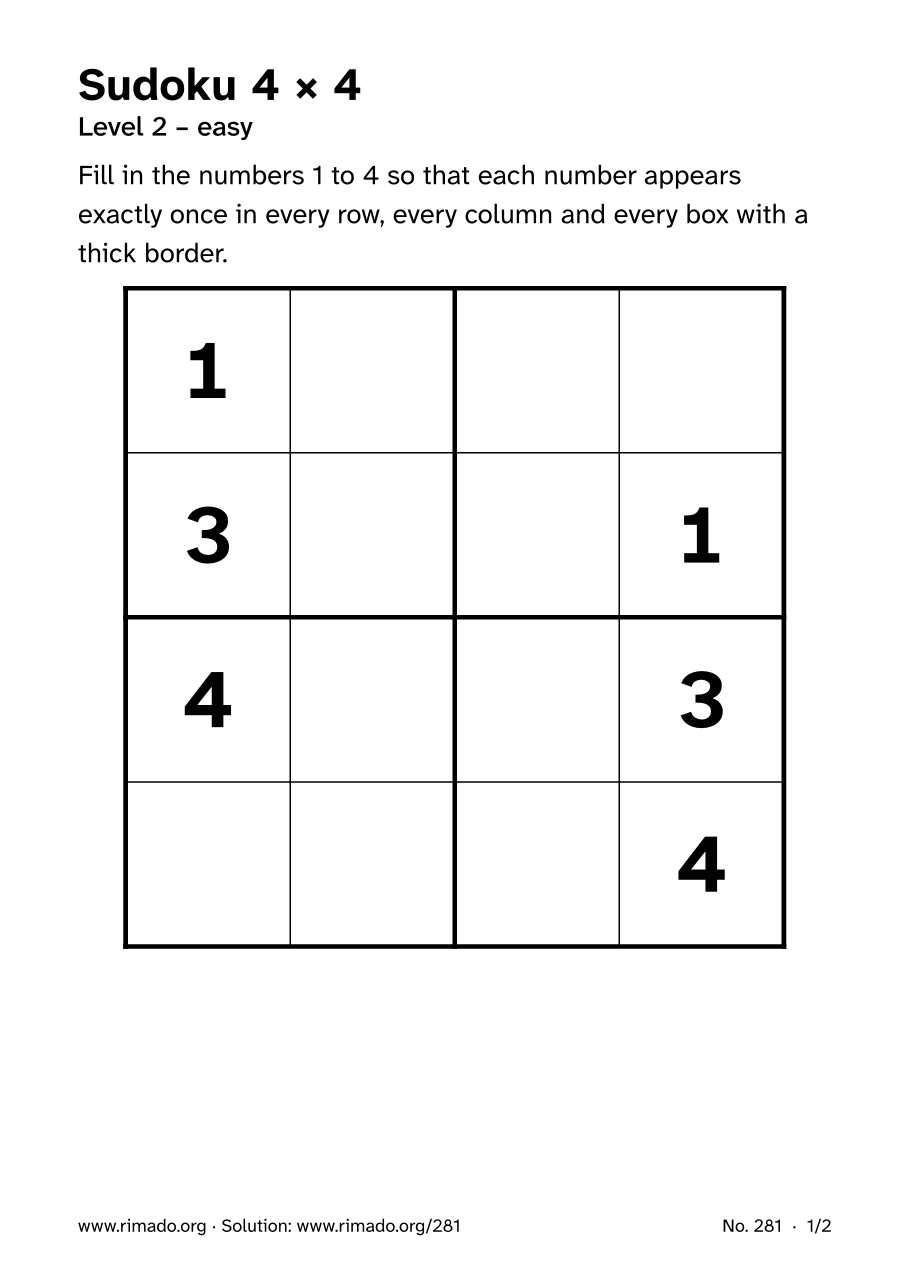 Preview of the printed page: Sudoku 4 × 4, no. 281