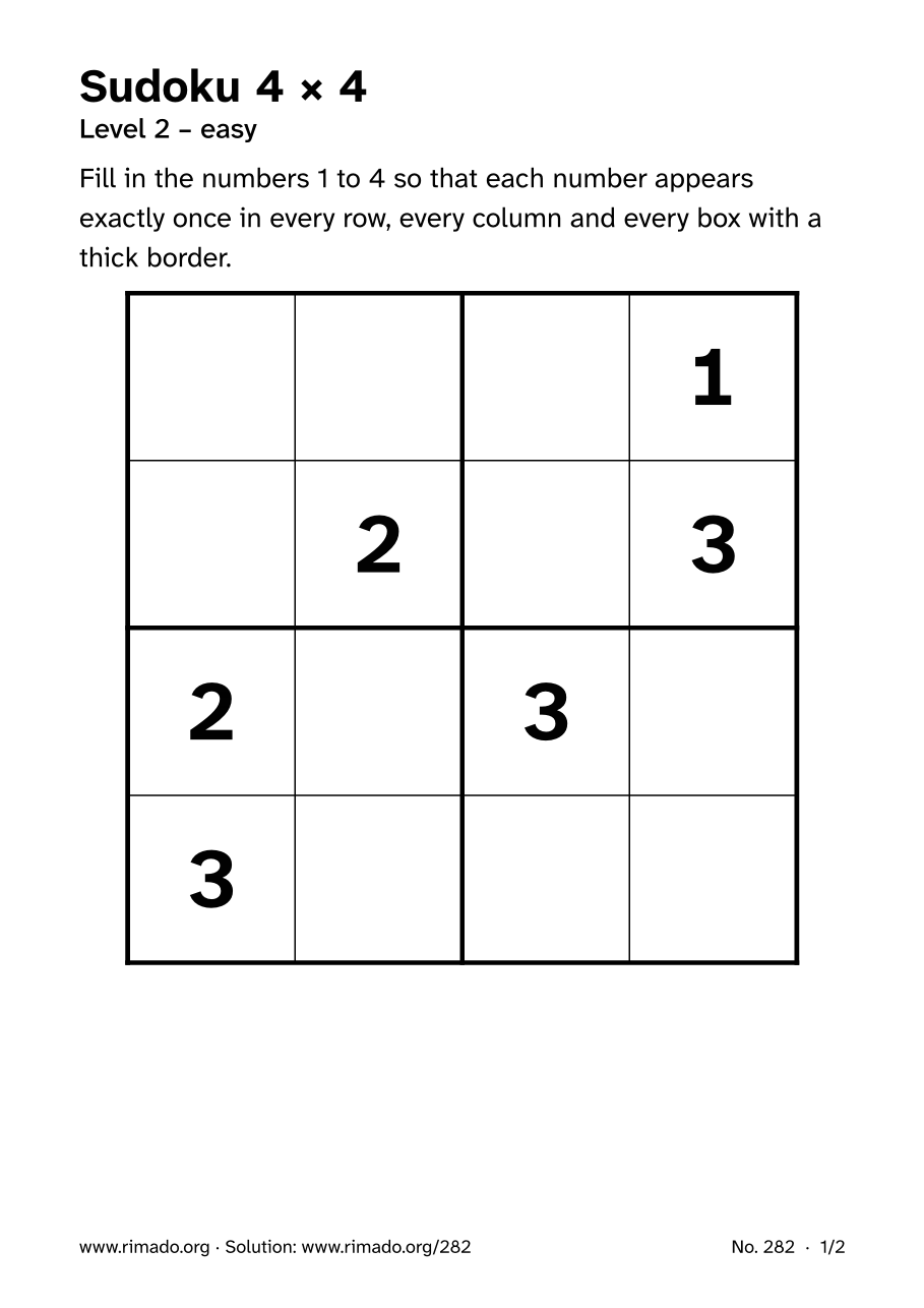 Preview of the printed page: Sudoku 4 × 4, no. 282