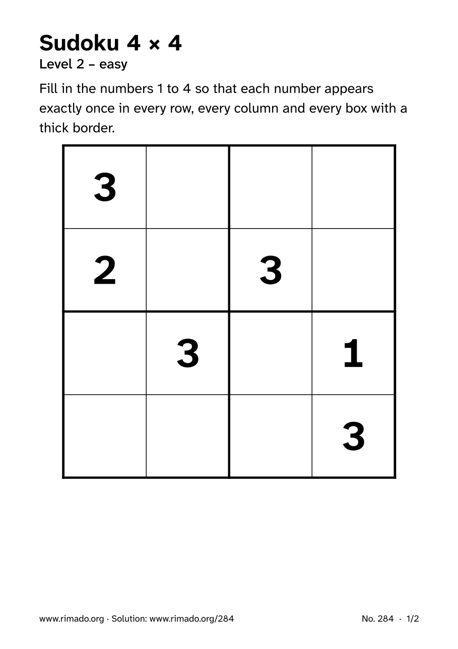 Preview of the printed page: Sudoku 4 × 4, no. 284
