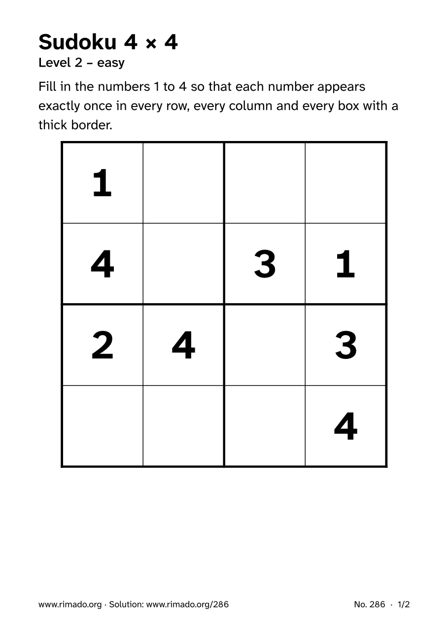 Preview of the printed page: Sudoku 4 × 4, no. 286