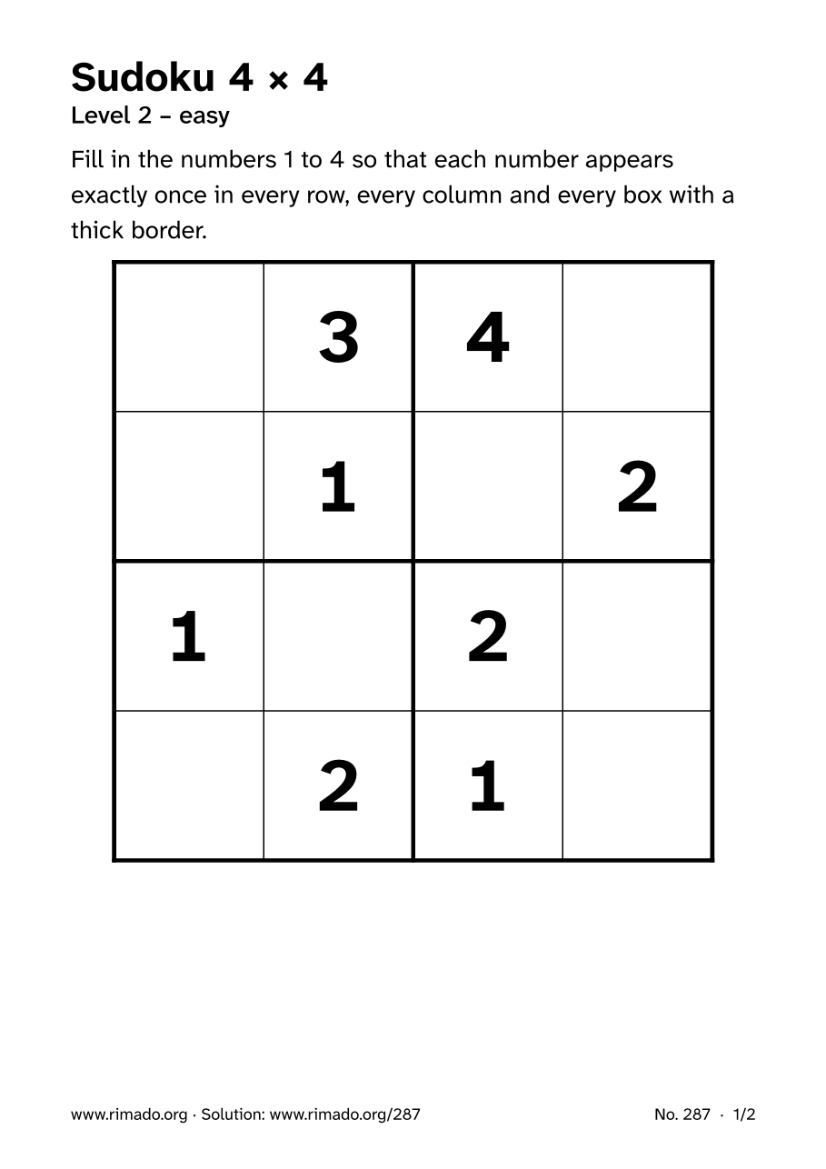 Preview of the printed page: Sudoku 4 × 4, no. 287