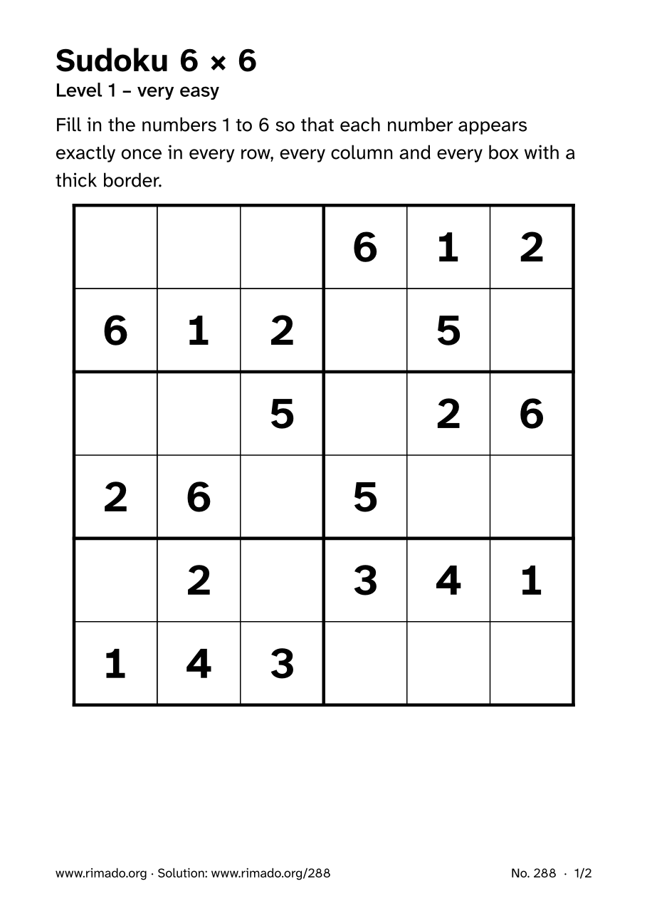 Preview of the printed page: Sudoku 6 × 6, no. 288