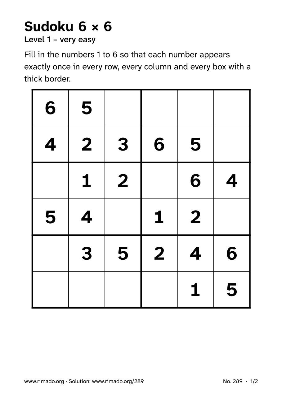 Preview of the printed page: Sudoku 6 × 6, no. 289