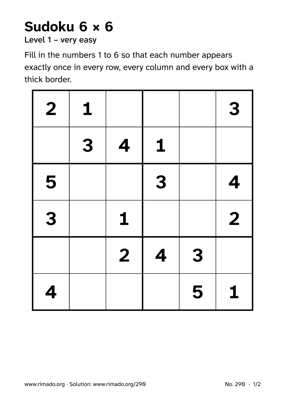 Preview of the printed page: Sudoku 6 × 6, no. 290