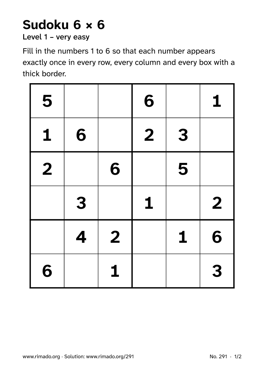 Preview of the printed page: Sudoku 6 × 6, no. 291
