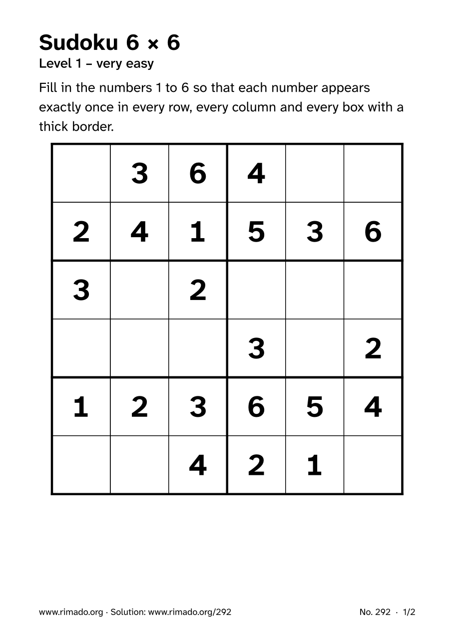 Preview of the printed page: Sudoku 6 × 6, no. 292