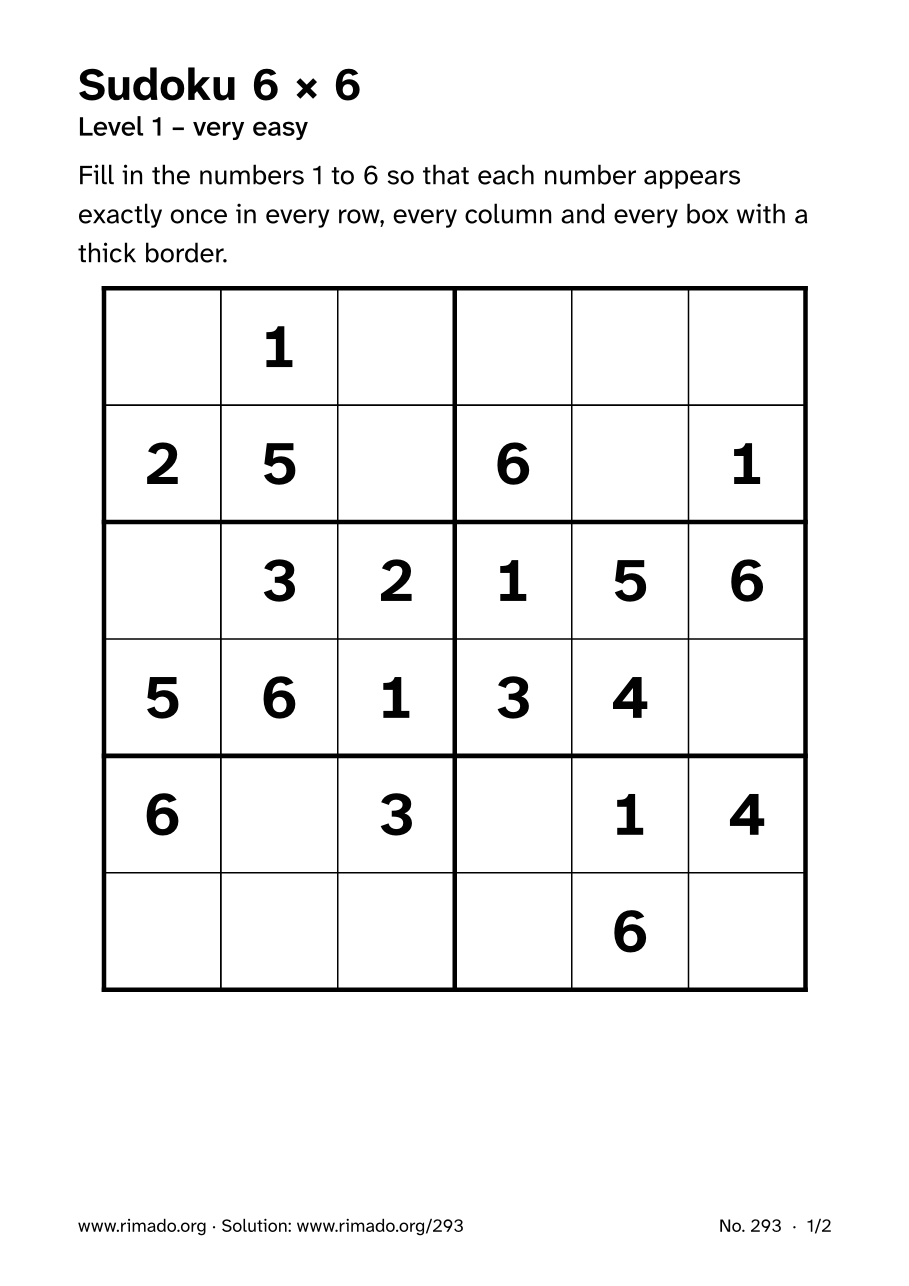 Preview of the printed page: Sudoku 6 × 6, no. 293