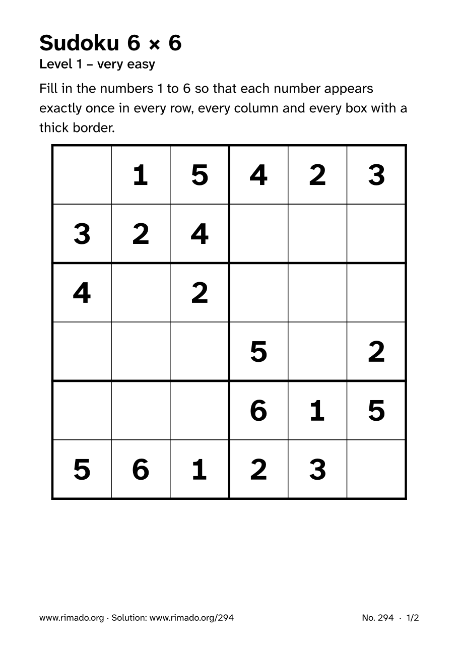 Preview of the printed page: Sudoku 6 × 6, no. 294