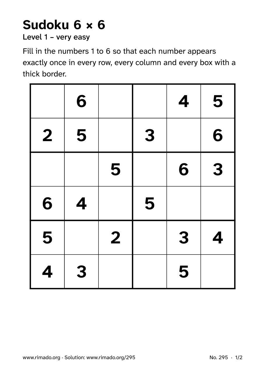 Preview of the printed page: Sudoku 6 × 6, no. 295