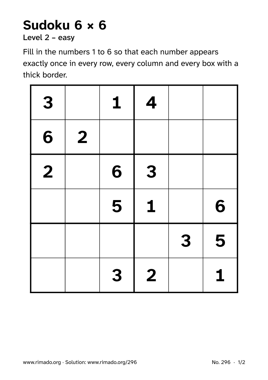 Preview of the printed page: Sudoku 6 × 6, no. 296