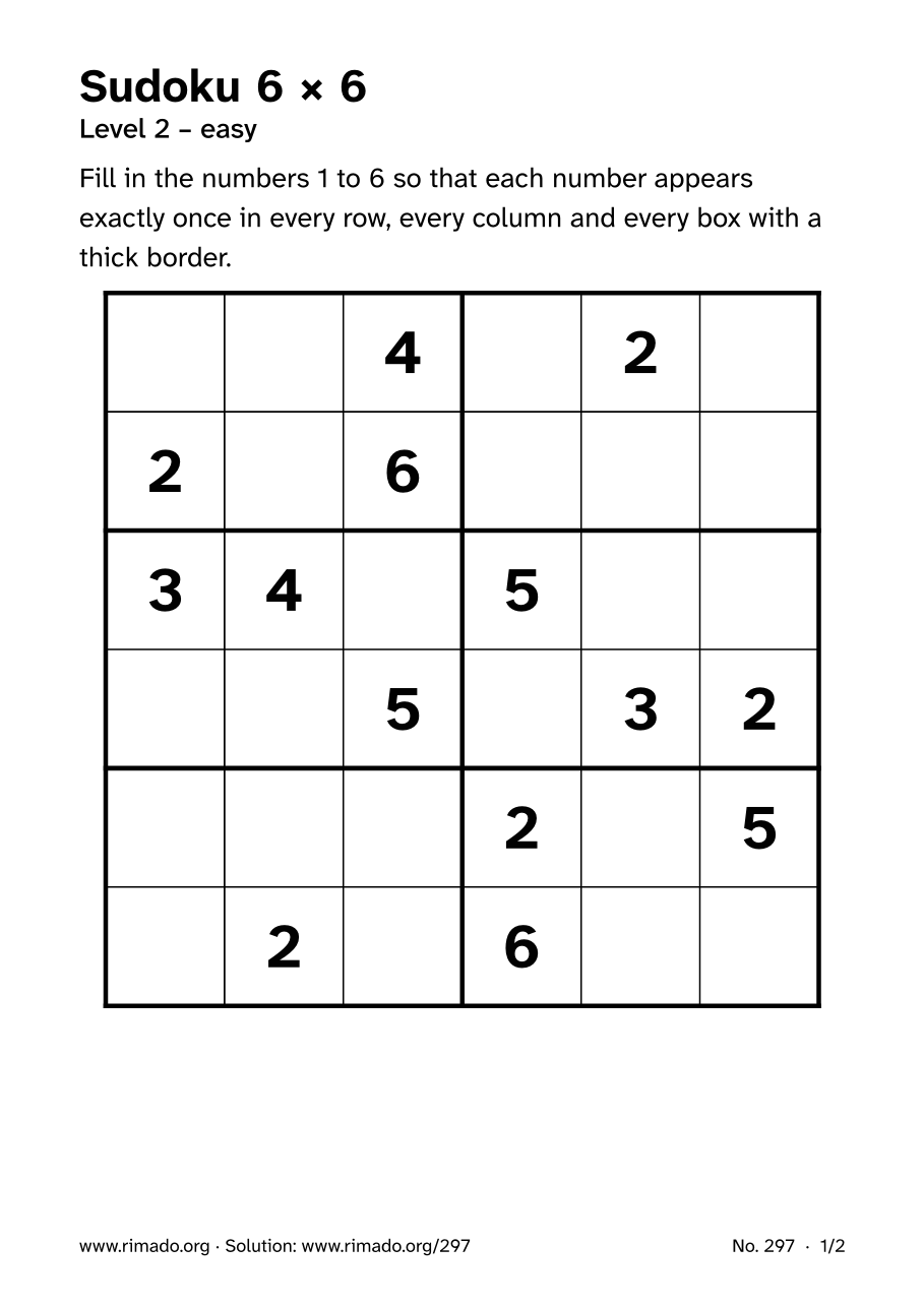 Preview of the printed page: Sudoku 6 × 6, no. 297
