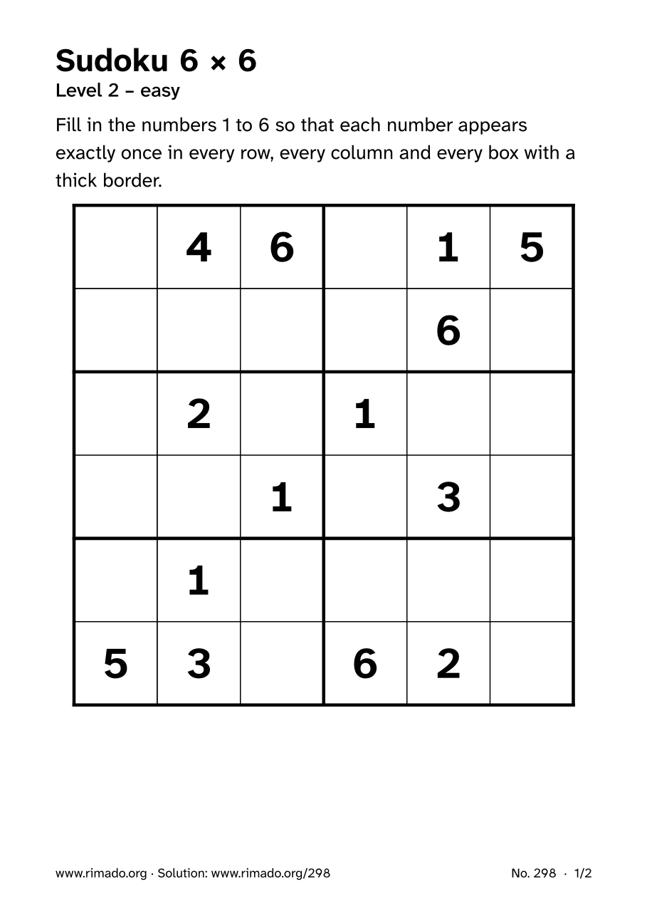 Preview of the printed page: Sudoku 6 × 6, no. 298