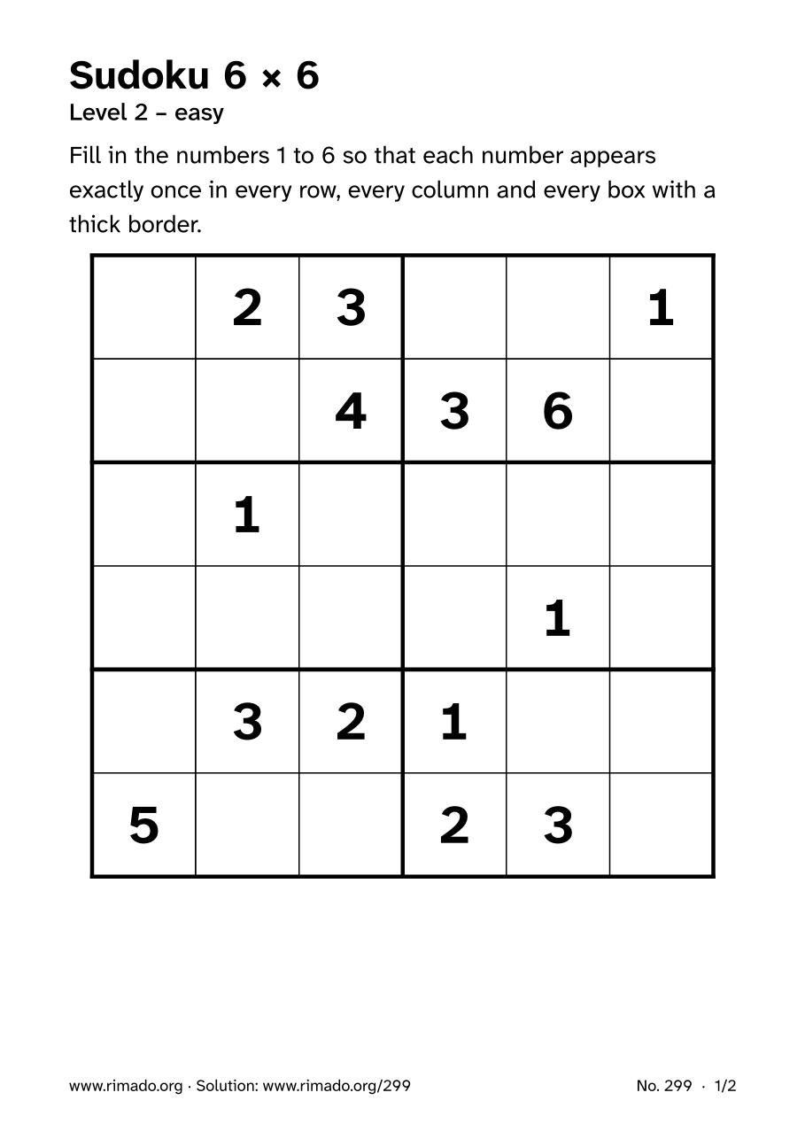 Preview of the printed page: Sudoku 6 × 6, no. 299