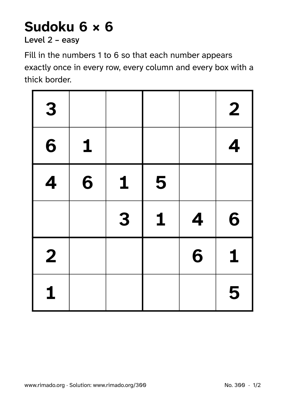 Preview of the printed page: Sudoku 6 × 6, no. 300