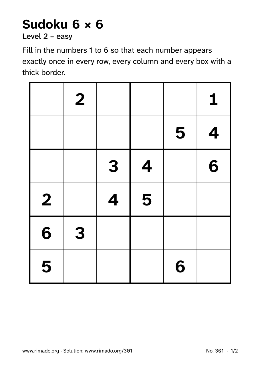 Preview of the printed page: Sudoku 6 × 6, no. 301