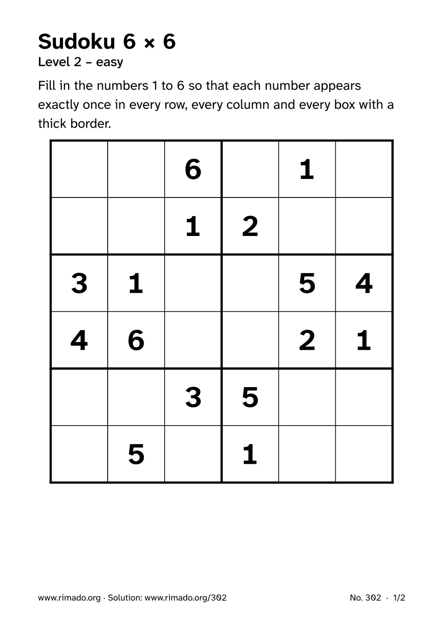 Preview of the printed page: Sudoku 6 × 6, no. 302