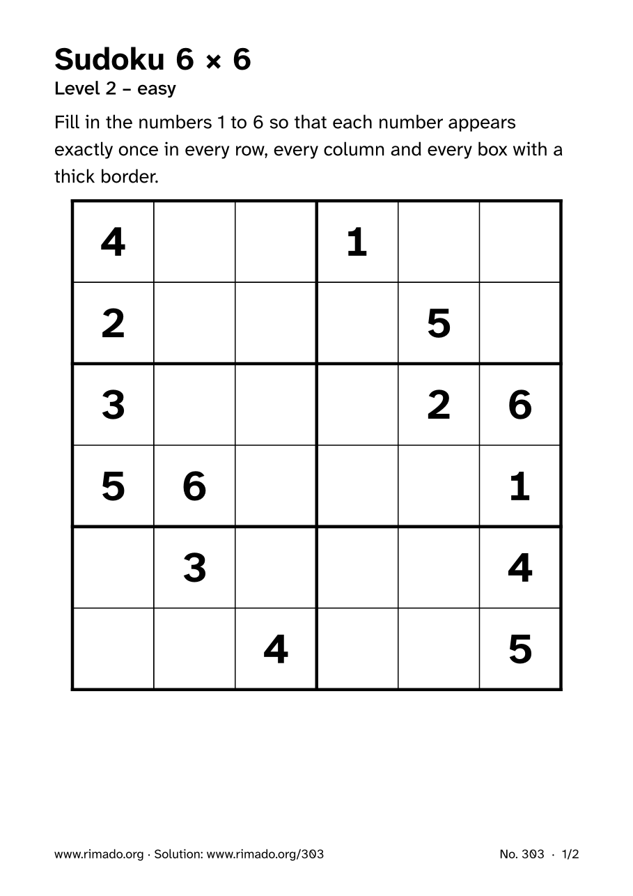 Preview of the printed page: Sudoku 6 × 6, no. 303
