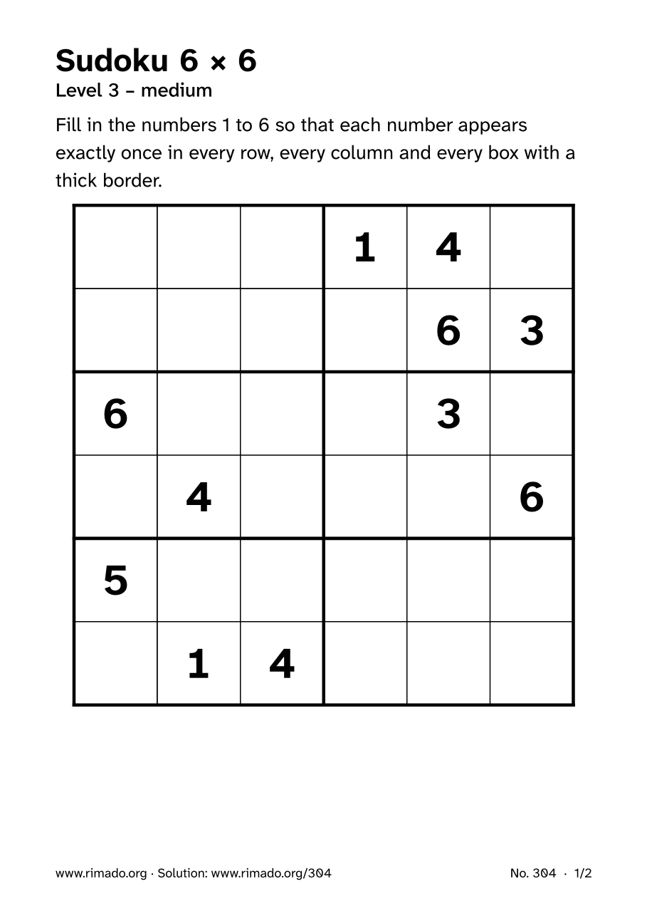 Preview of the printed page: Sudoku 6 × 6, no. 304