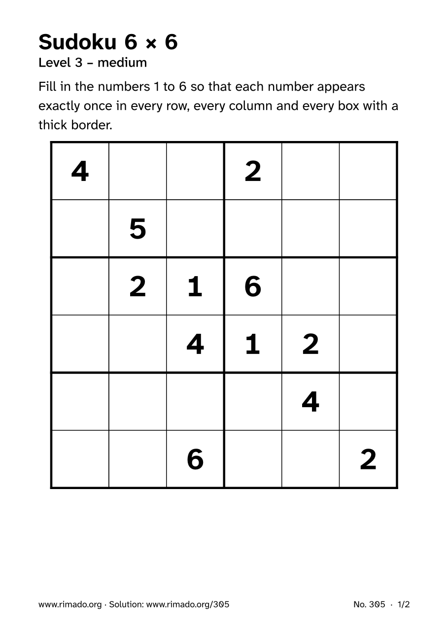Preview of the printed page: Sudoku 6 × 6, no. 305
