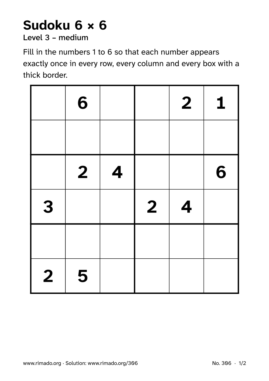 Preview of the printed page: Sudoku 6 × 6, no. 306