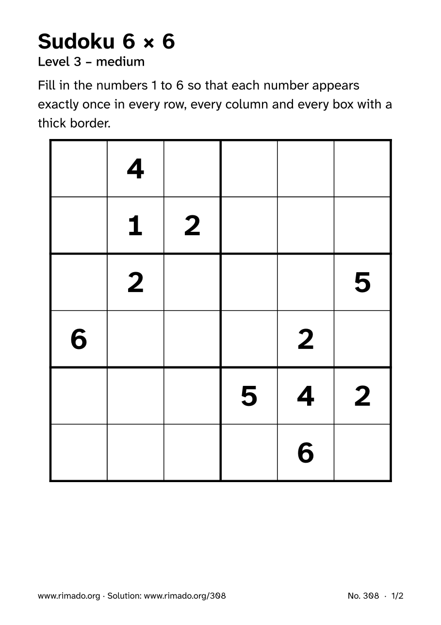 Preview of the printed page: Sudoku 6 × 6, no. 308
