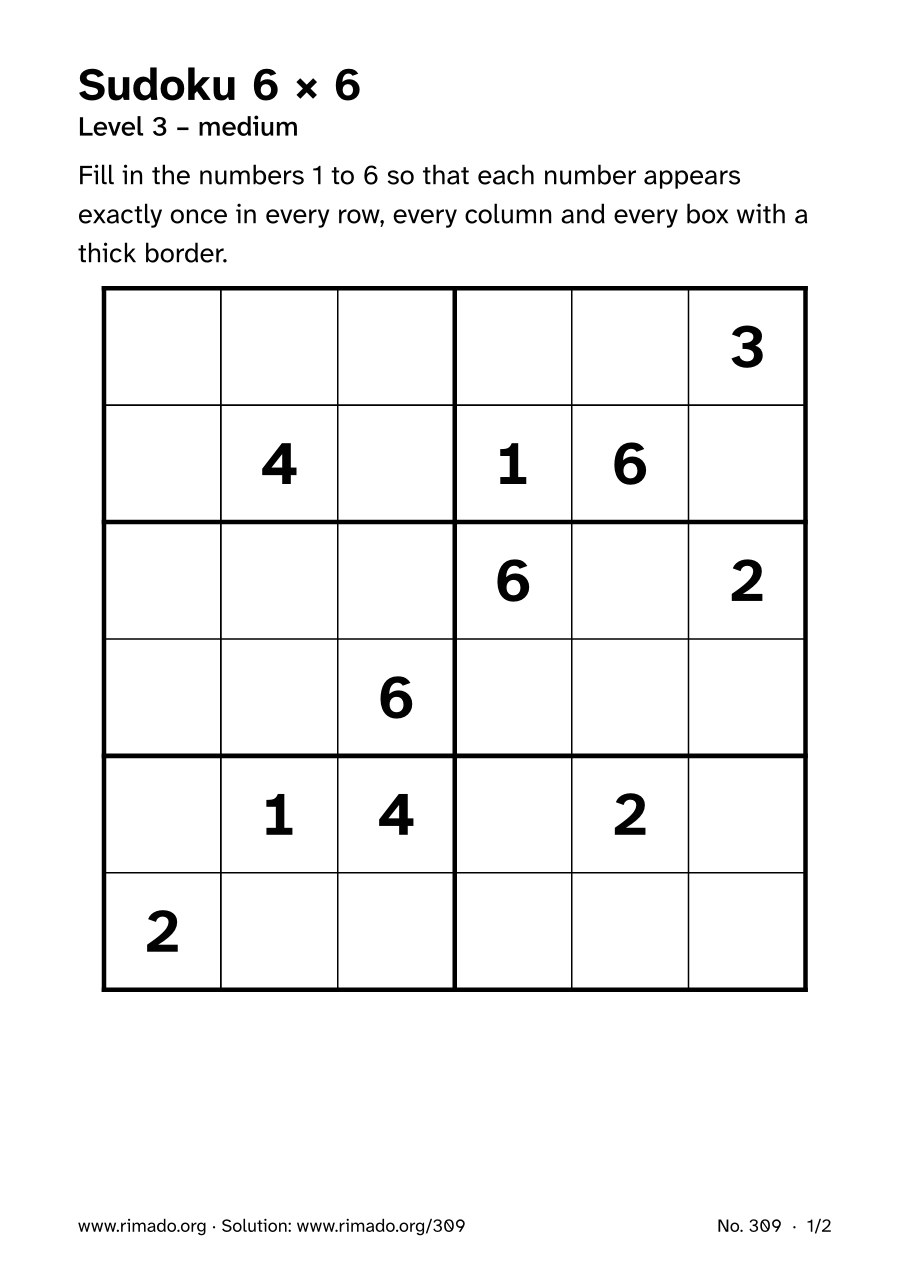 Preview of the printed page: Sudoku 6 × 6, no. 309