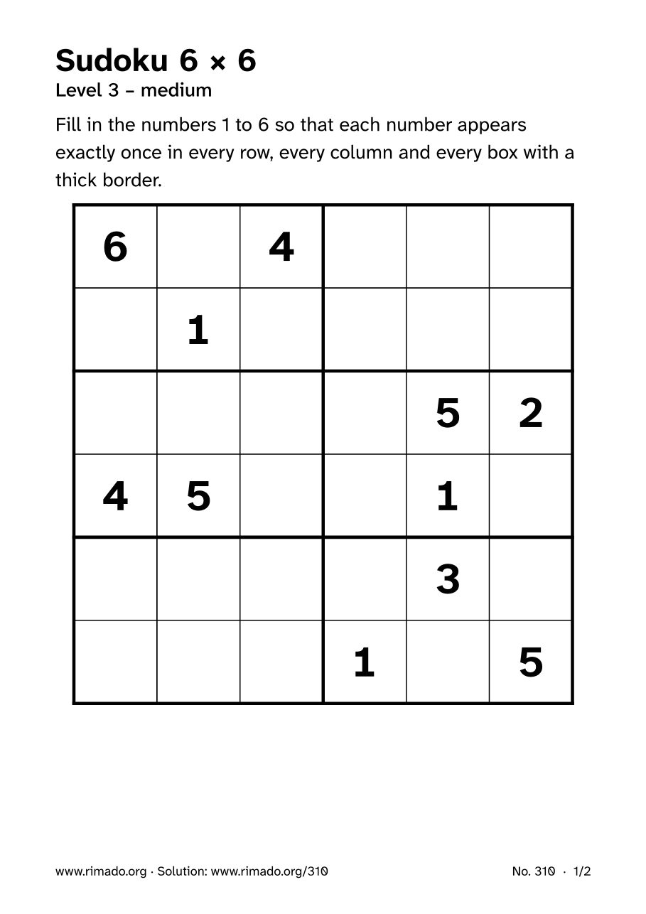 Preview of the printed page: Sudoku 6 × 6, no. 310