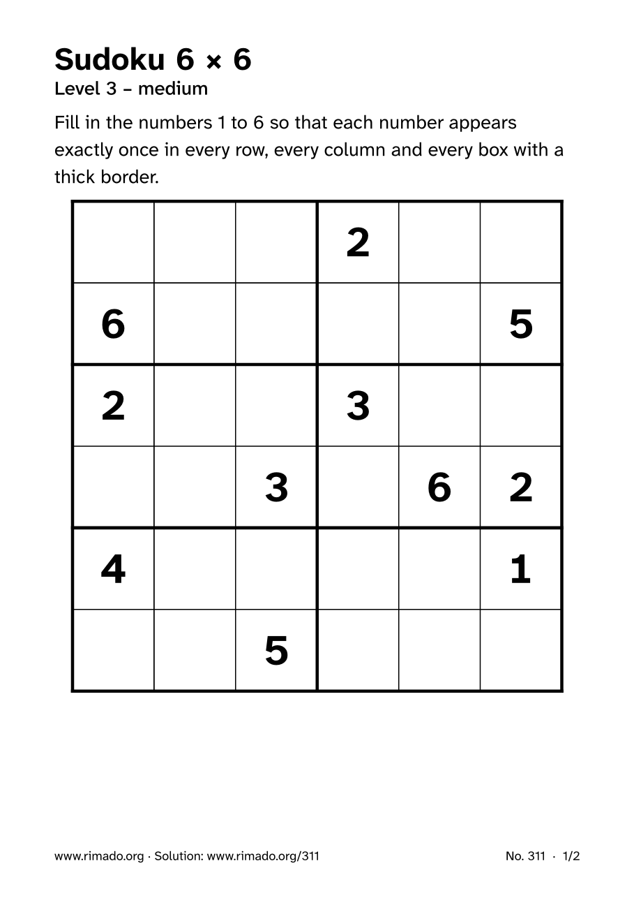 Preview of the printed page: Sudoku 6 × 6, no. 311