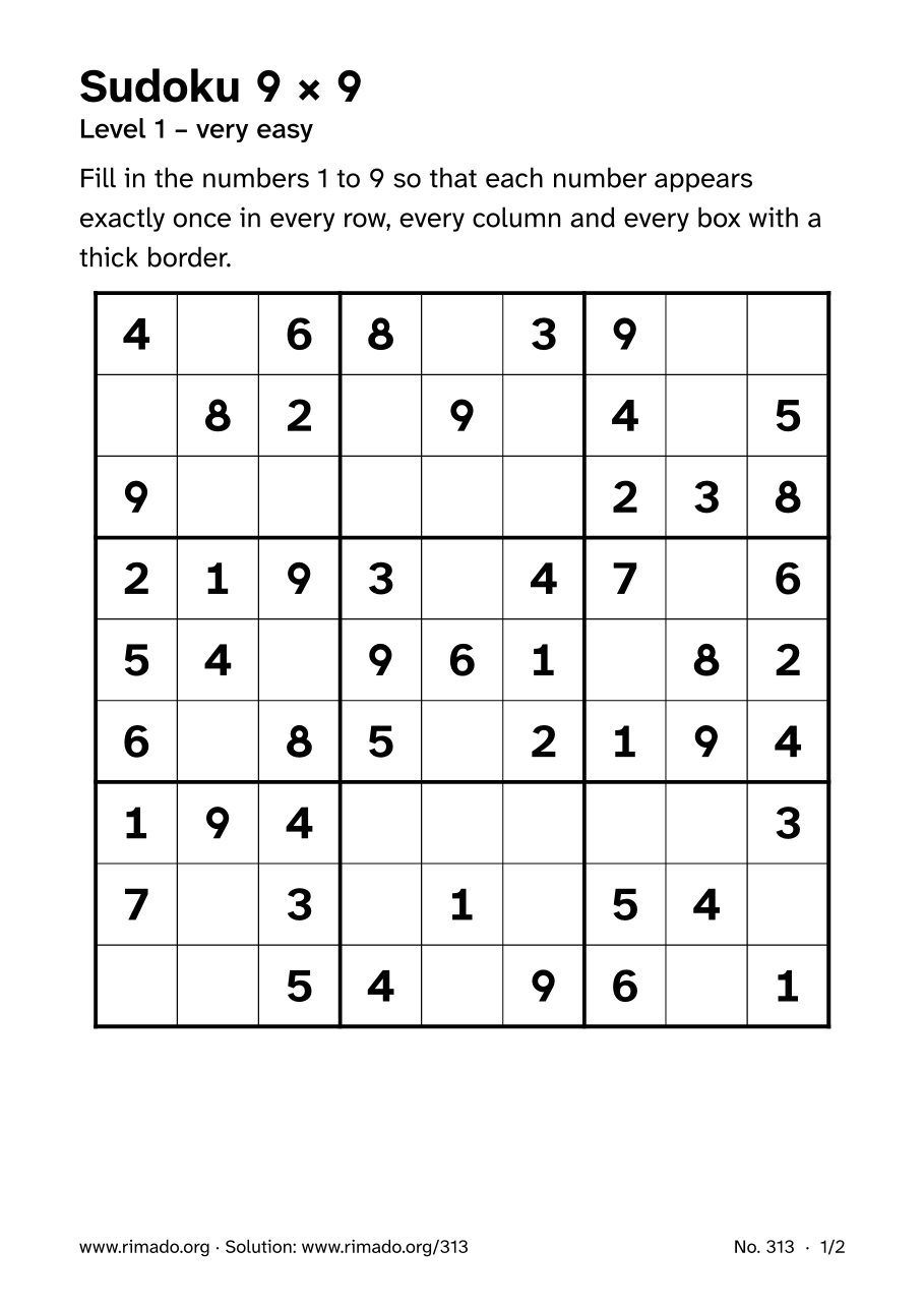 Preview of the printed page: Sudoku 9 × 9, no. 313