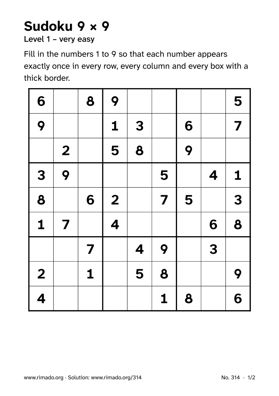 Preview of the printed page: Sudoku 9 × 9, no. 314