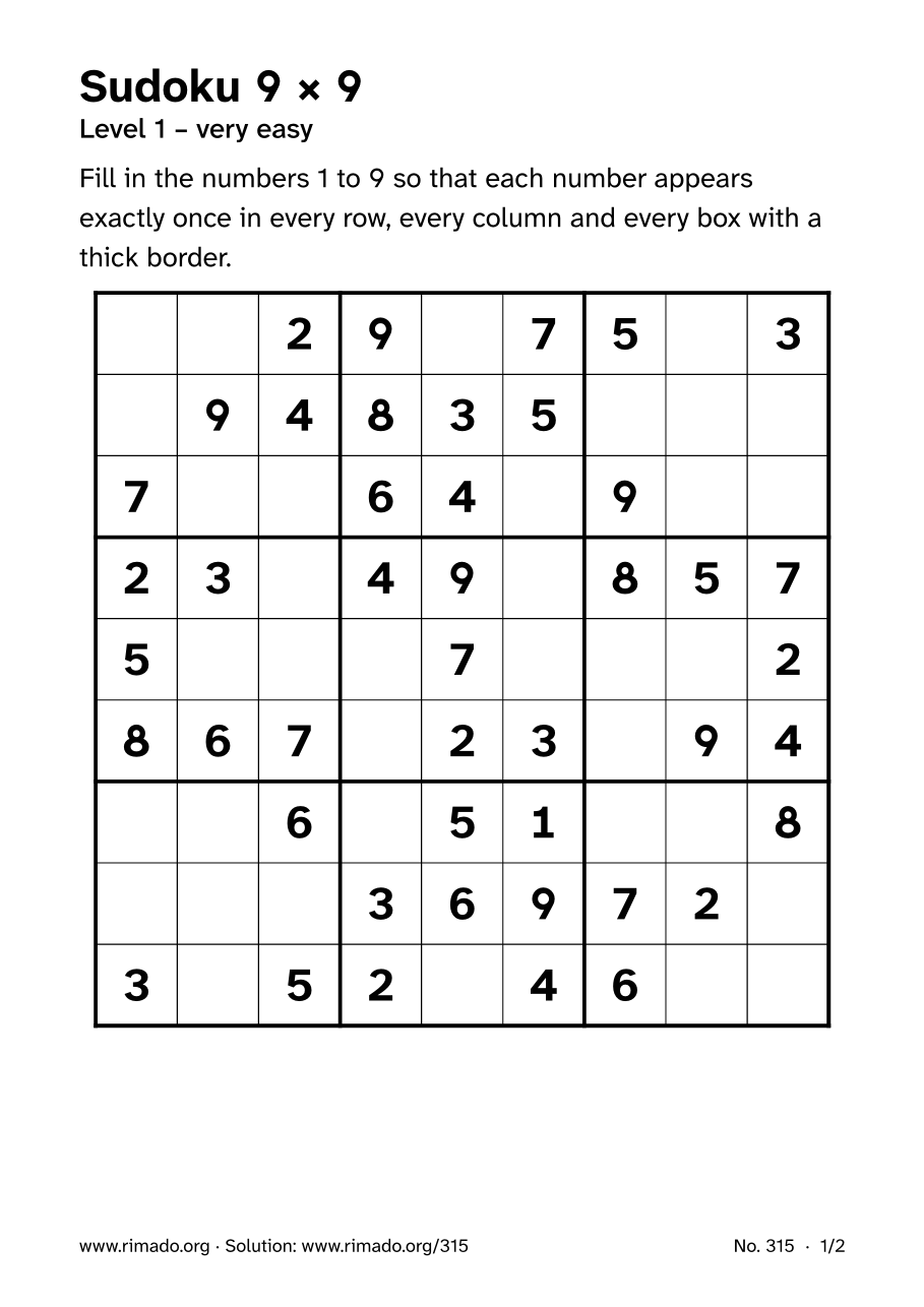 Preview of the printed page: Sudoku 9 × 9, no. 315