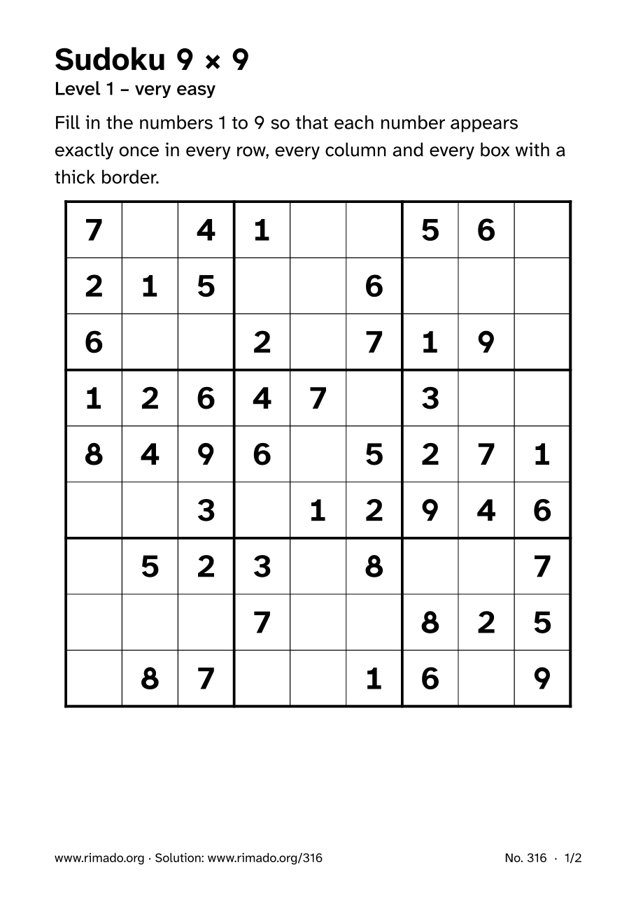 Preview of the printed page: Sudoku 9 × 9, no. 316