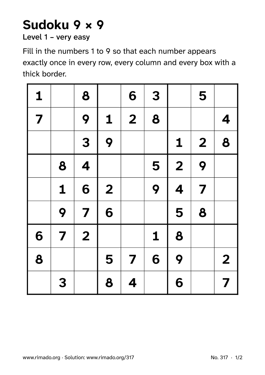 Preview of the printed page: Sudoku 9 × 9, no. 317