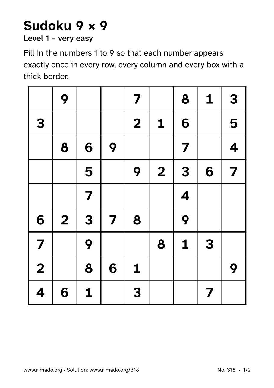 Preview of the printed page: Sudoku 9 × 9, no. 318