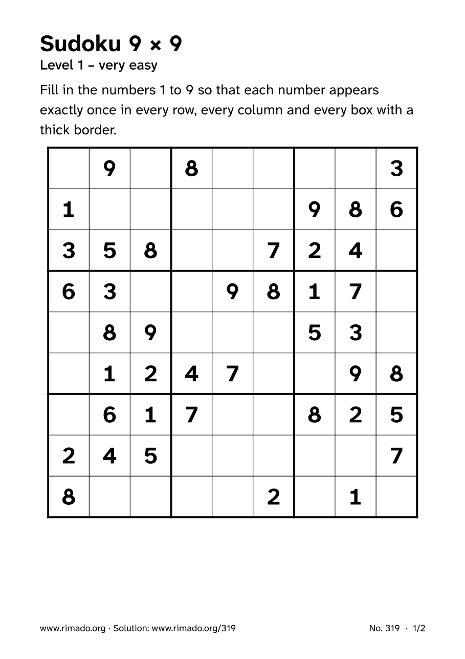 Preview of the printed page: Sudoku 9 × 9, no. 319