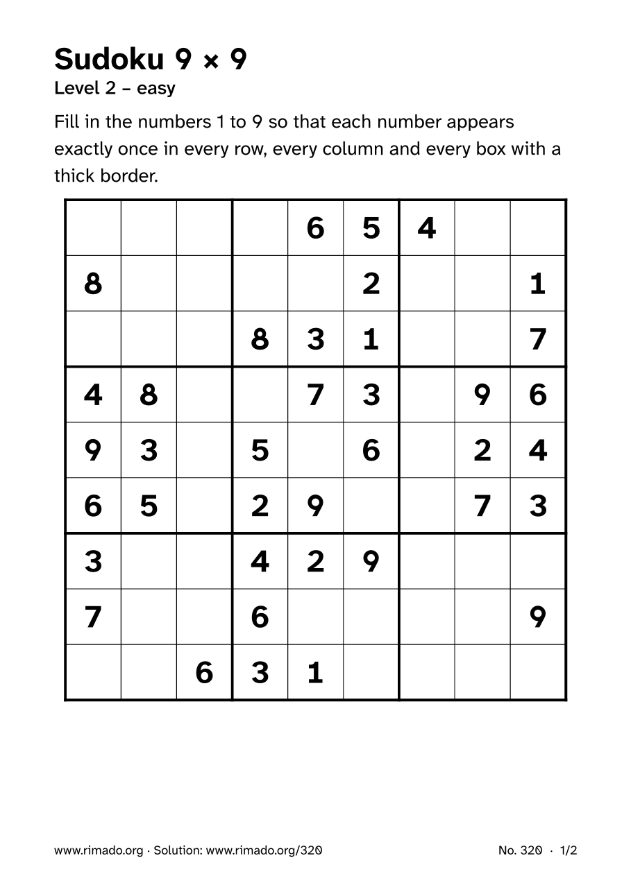 Preview of the printed page: Sudoku 9 × 9, no. 320