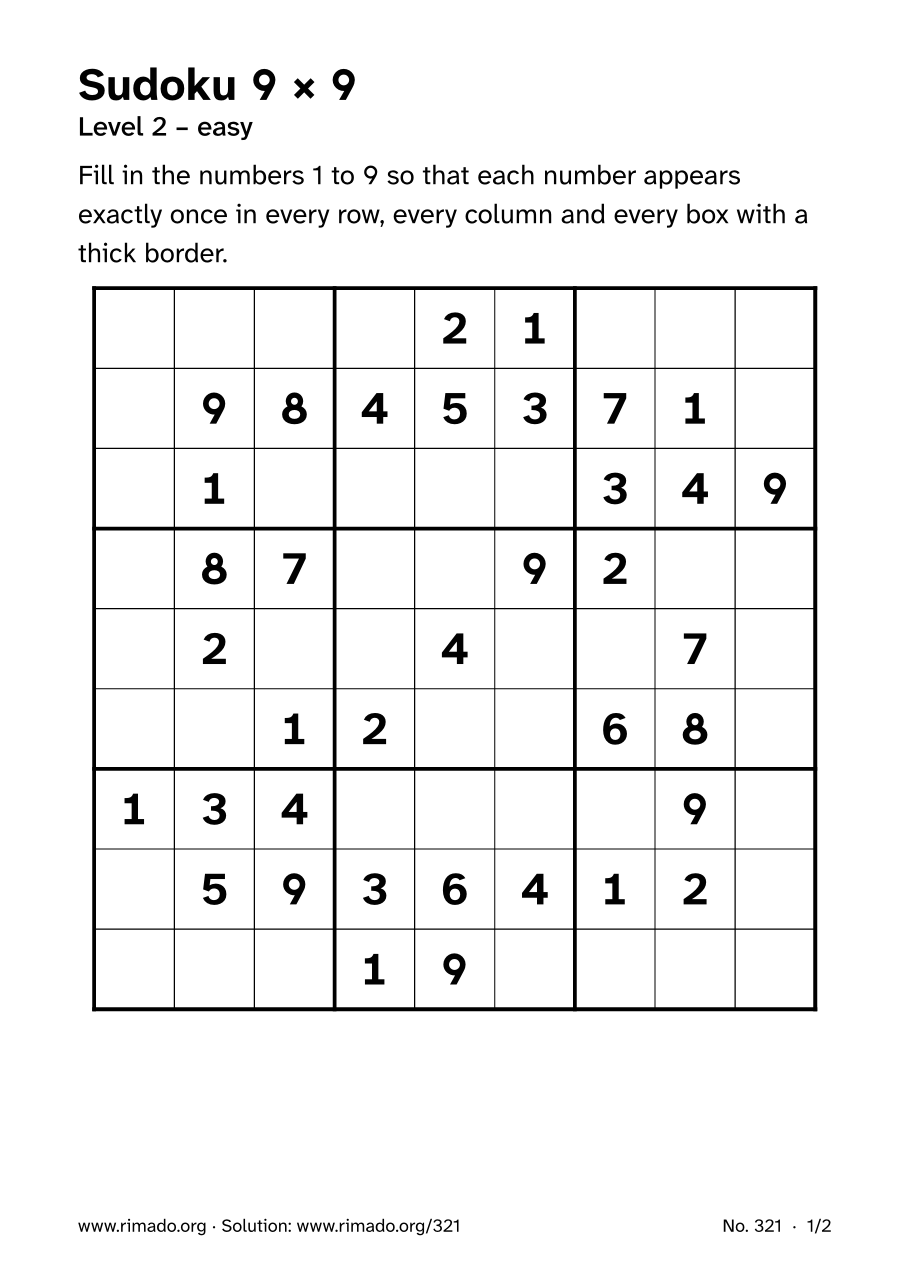 Preview of the printed page: Sudoku 9 × 9, no. 321