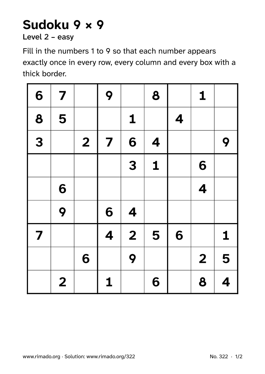 Preview of the printed page: Sudoku 9 × 9, no. 322
