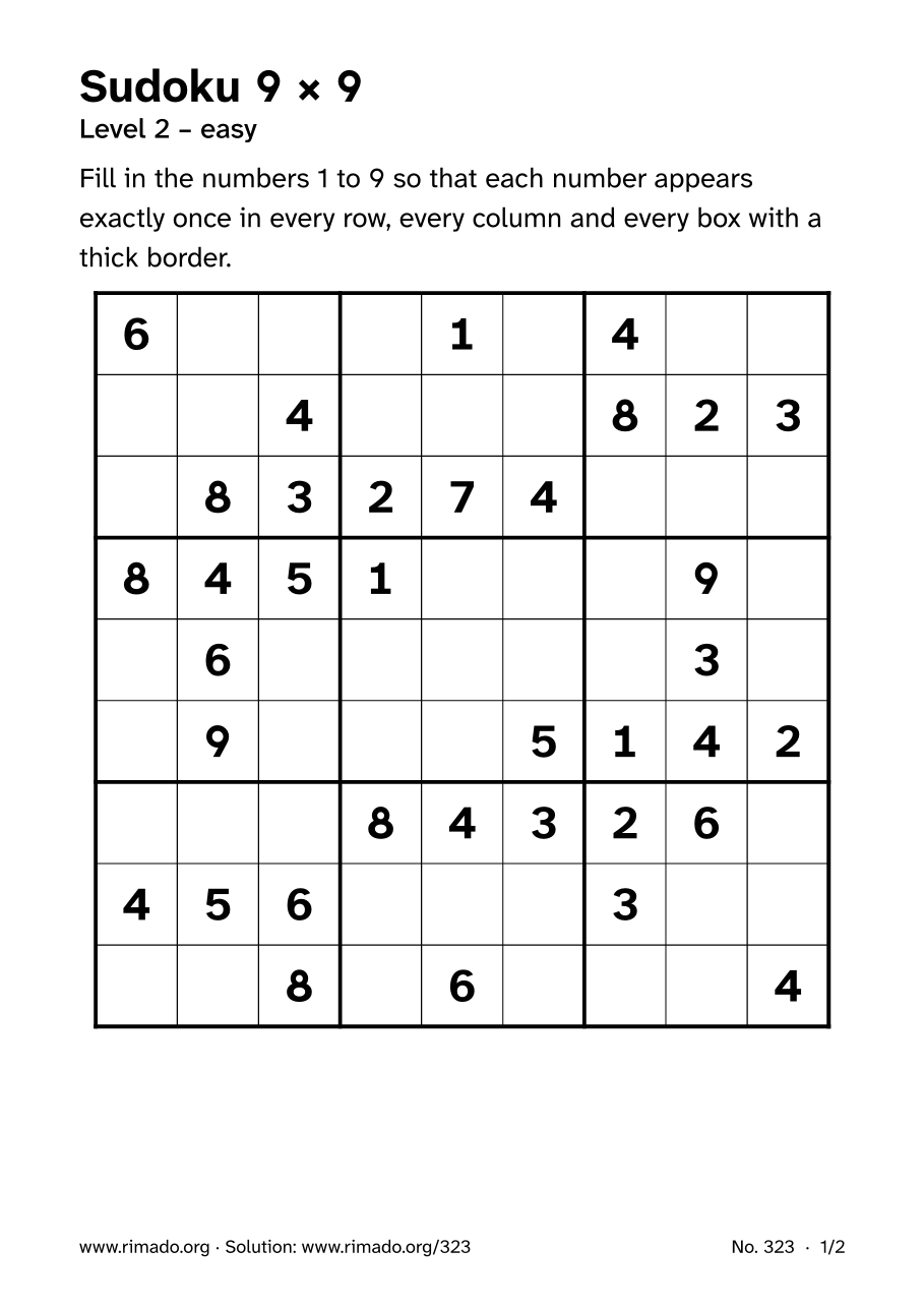 Preview of the printed page: Sudoku 9 × 9, no. 323