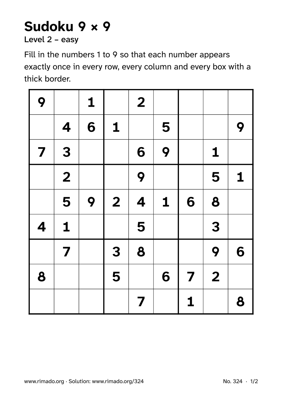 Preview of the printed page: Sudoku 9 × 9, no. 324