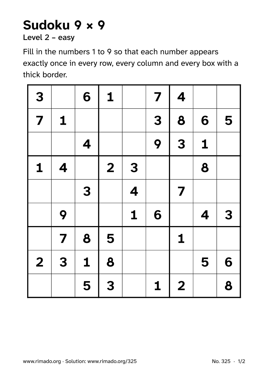 Preview of the printed page: Sudoku 9 × 9, no. 325