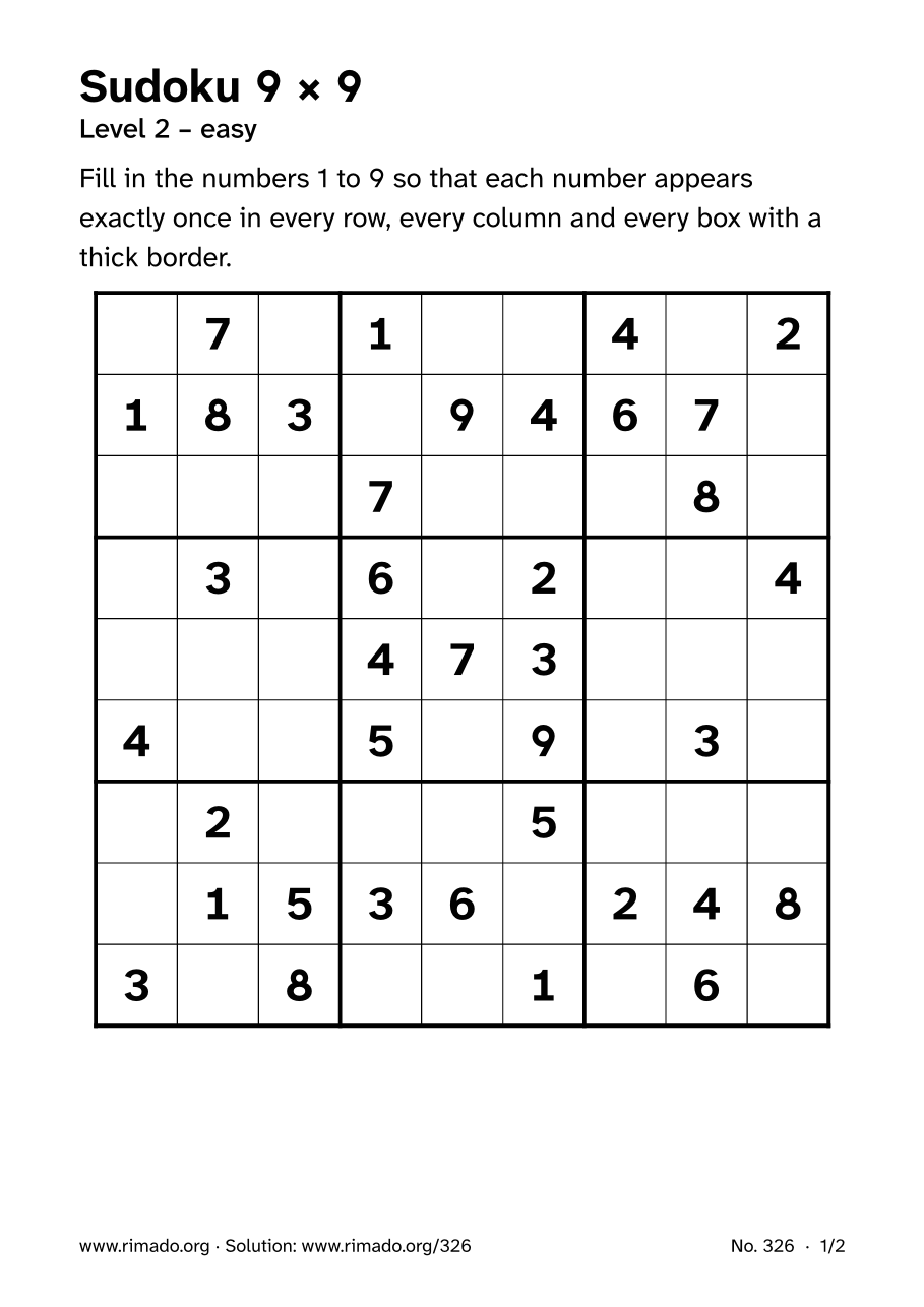 Preview of the printed page: Sudoku 9 × 9, no. 326