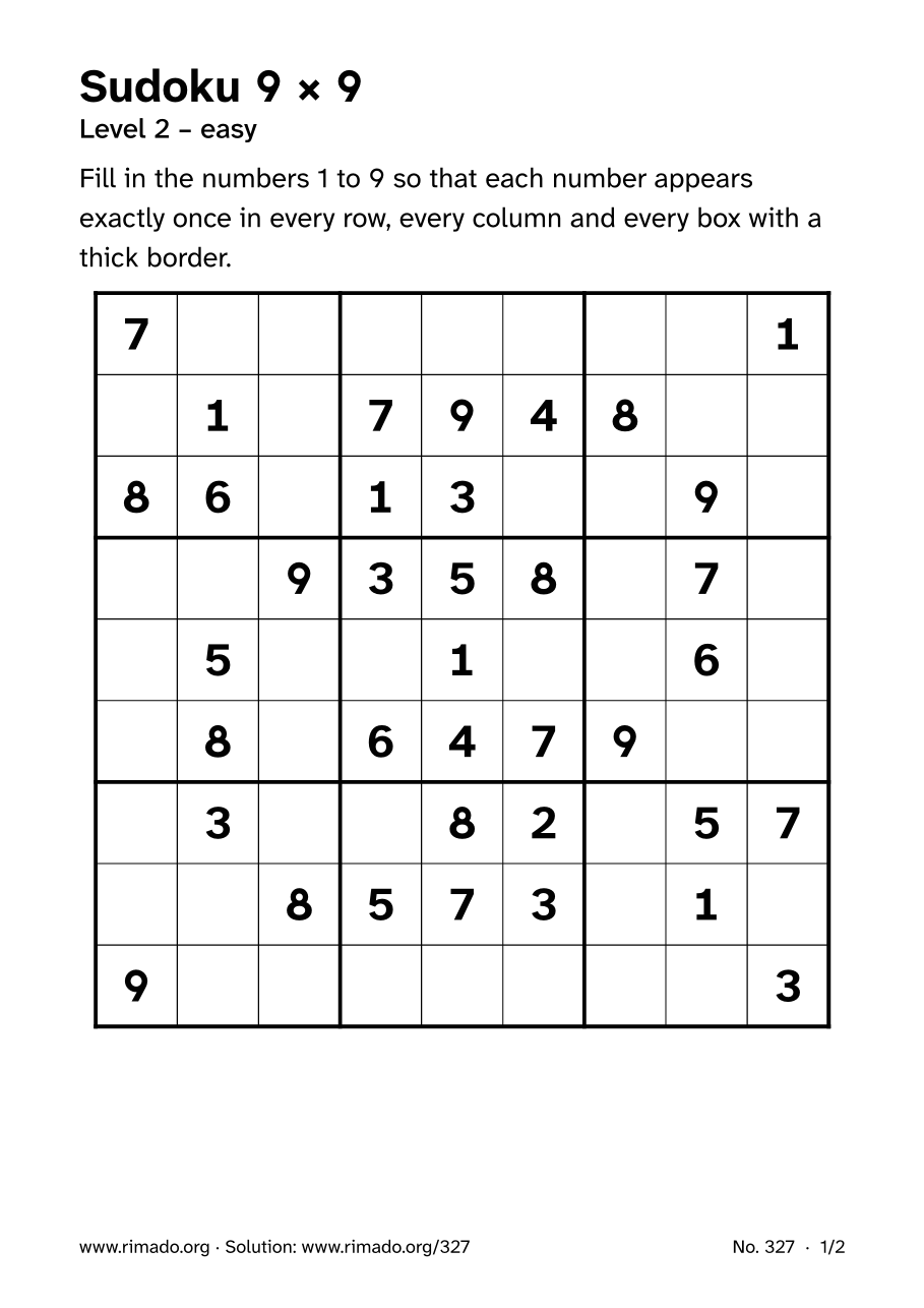Preview of the printed page: Sudoku 9 × 9, no. 327