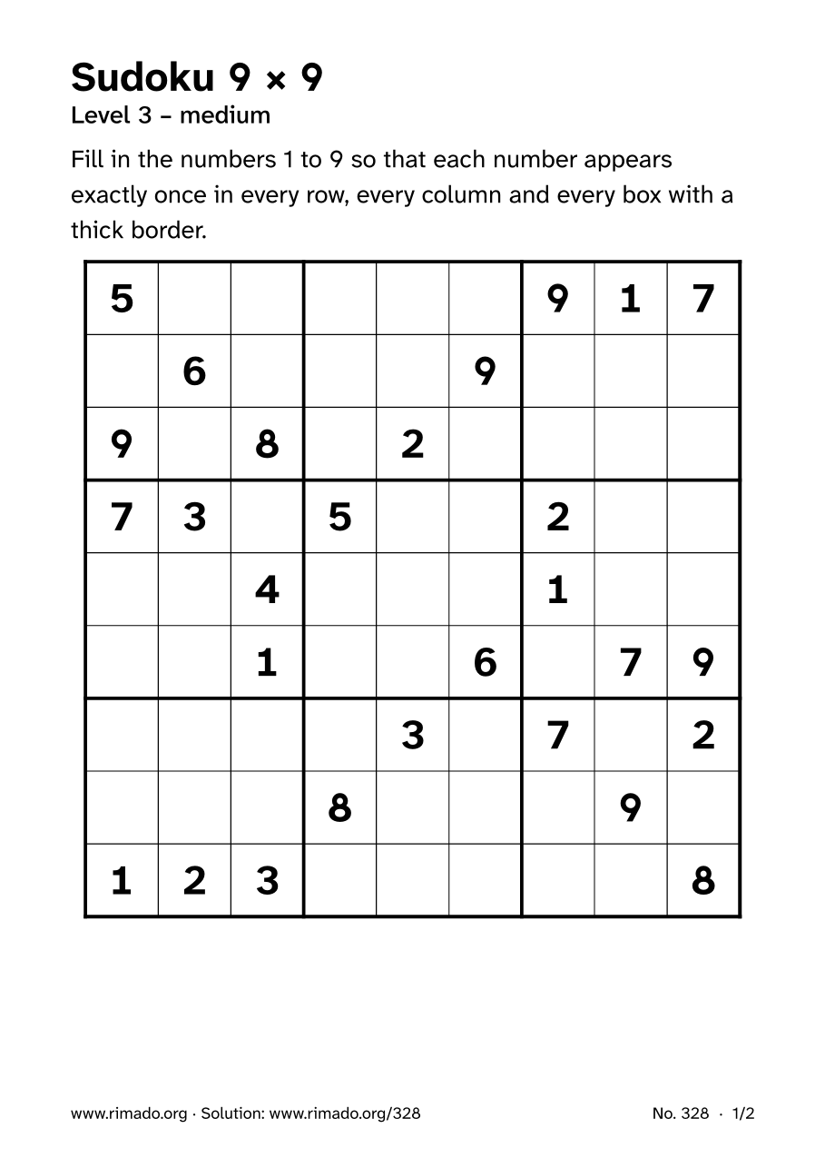 Preview of the printed page: Sudoku 9 × 9, no. 328