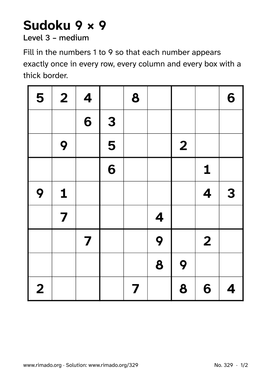 Preview of the printed page: Sudoku 9 × 9, no. 329